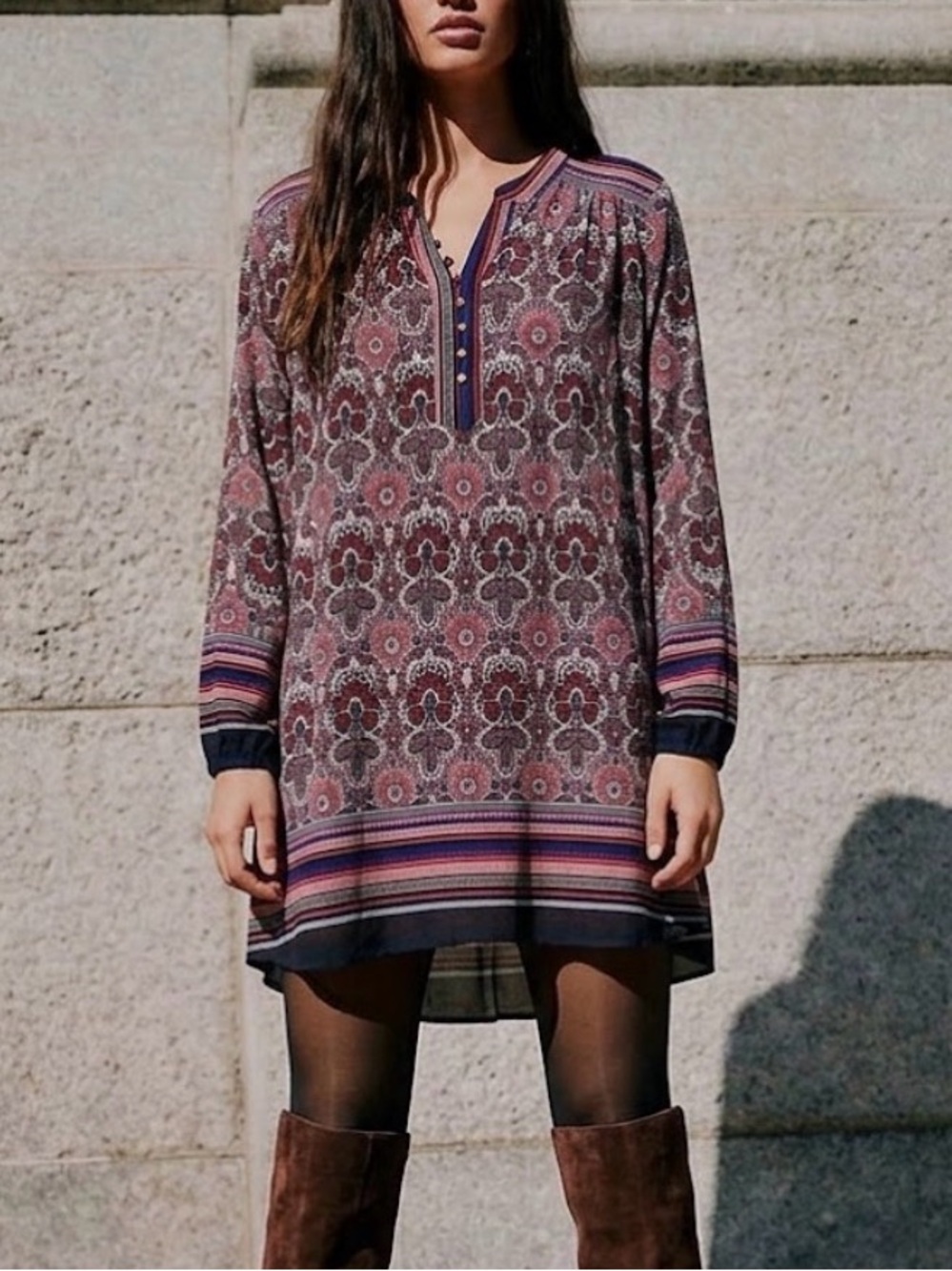 NEW Umgee boho paisley Peasant dress SMALL long Sleeves Boho Hi-Low Blue